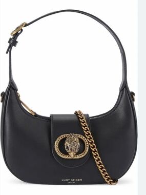 Kurt Geiger Black Leather Shoulder Bag with Gold Chain and Emblem